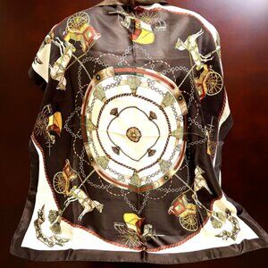BIJOUX TERNER Genuin Silk Satin Scarf 35" dark brown gray horses carriages (36)